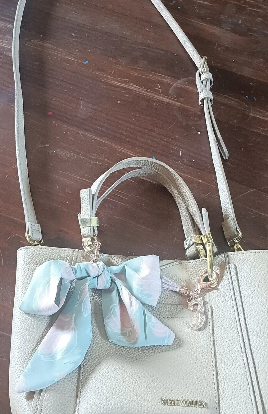 Steve Madden Cream Pebbled Satchel with Light Blue Scarf and Gold Hardware